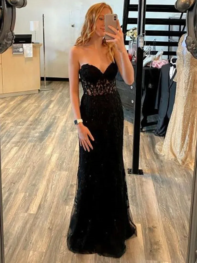 Diynav Open Back Black Lace Long Prom Dresses, Strapless Black Formal Dresses, Black Lace Evening Dresses HZ1017