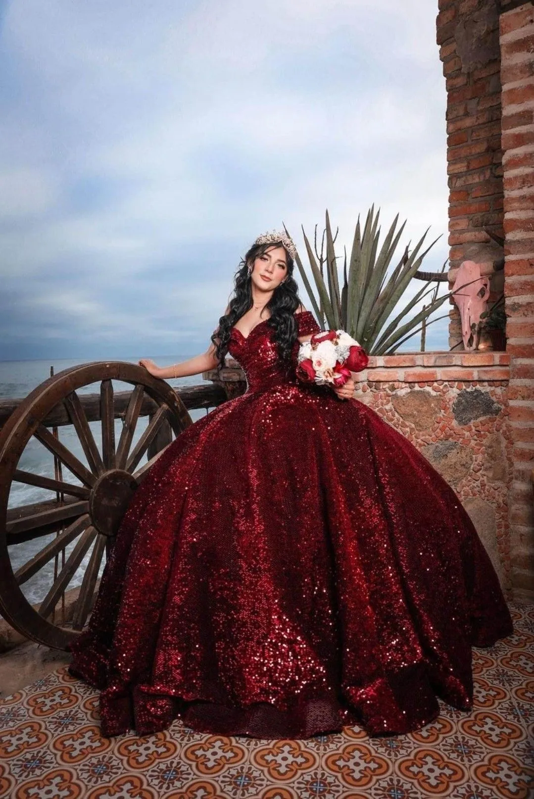 Diynav The Shoulder Burgundy Sequins Ball Gown,Sweet 16 Dress,Quinceanera Dress HZ1017