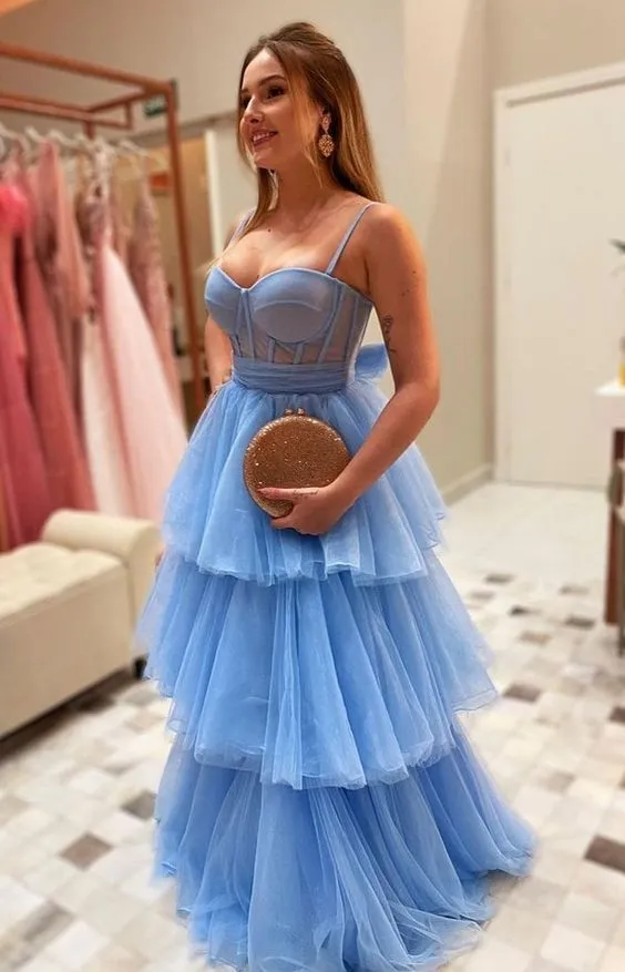 Diynav Spaghetti Straps Blue Tulle Layered Prom Dress Blue Graduation Dress Charming Evening Dress HZ1017