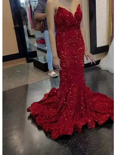 Diynav Mermaid Prom Dress Red Sequins Evening Dress Shiny Party Dress HZ1017