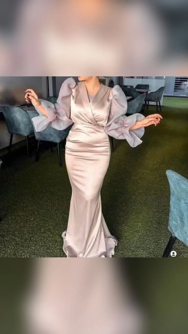 Diynav Arrival Satin V Neck Evening Dress Long Sleeve Dubai Evening Gowns HZ1017