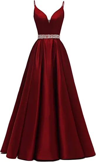 Diynav Spaghetti Straps V Neck Prom Dress,Burgundy Satin Evening Dress HZ1017