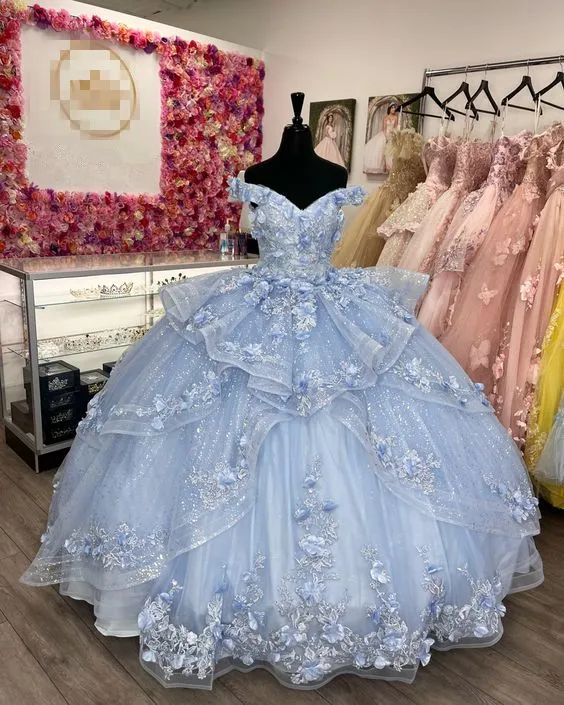 Diynav Blue Off The Shoulder Tulle Appliques Ball Gown Birthday Quinceanera Dress HZ1017