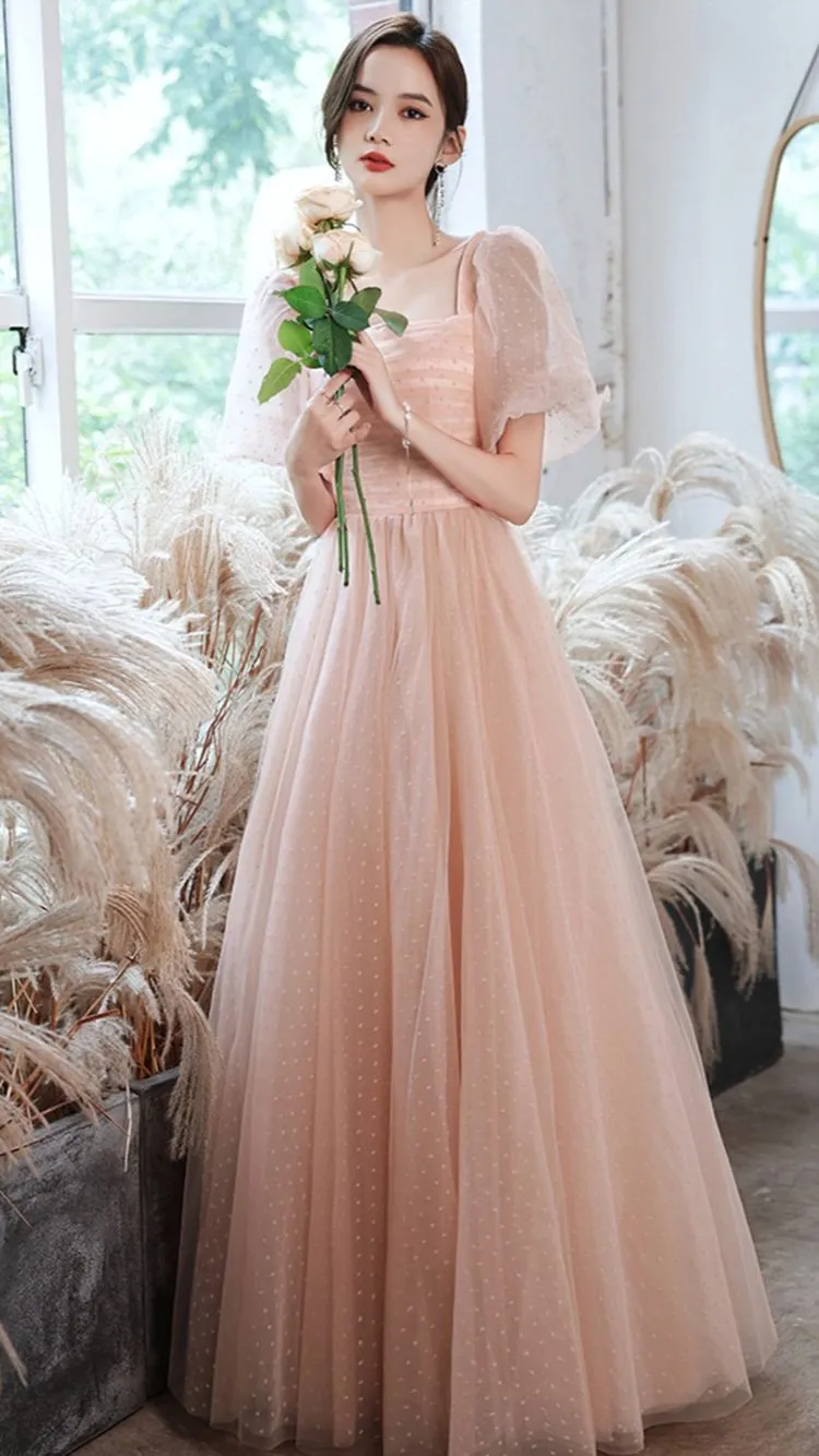 Diynav tulle long A line prom dress pink evening gown HZ1017