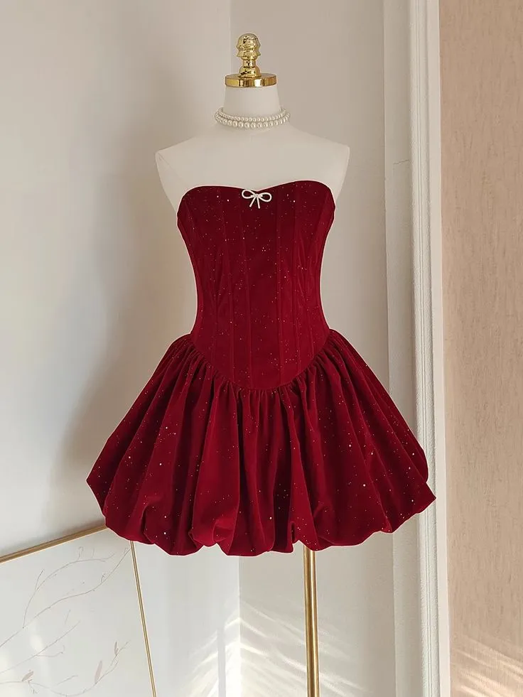 Diynav A Line Strapless Burgundy Velvet Ruffles Homecoming Dress HZ1017