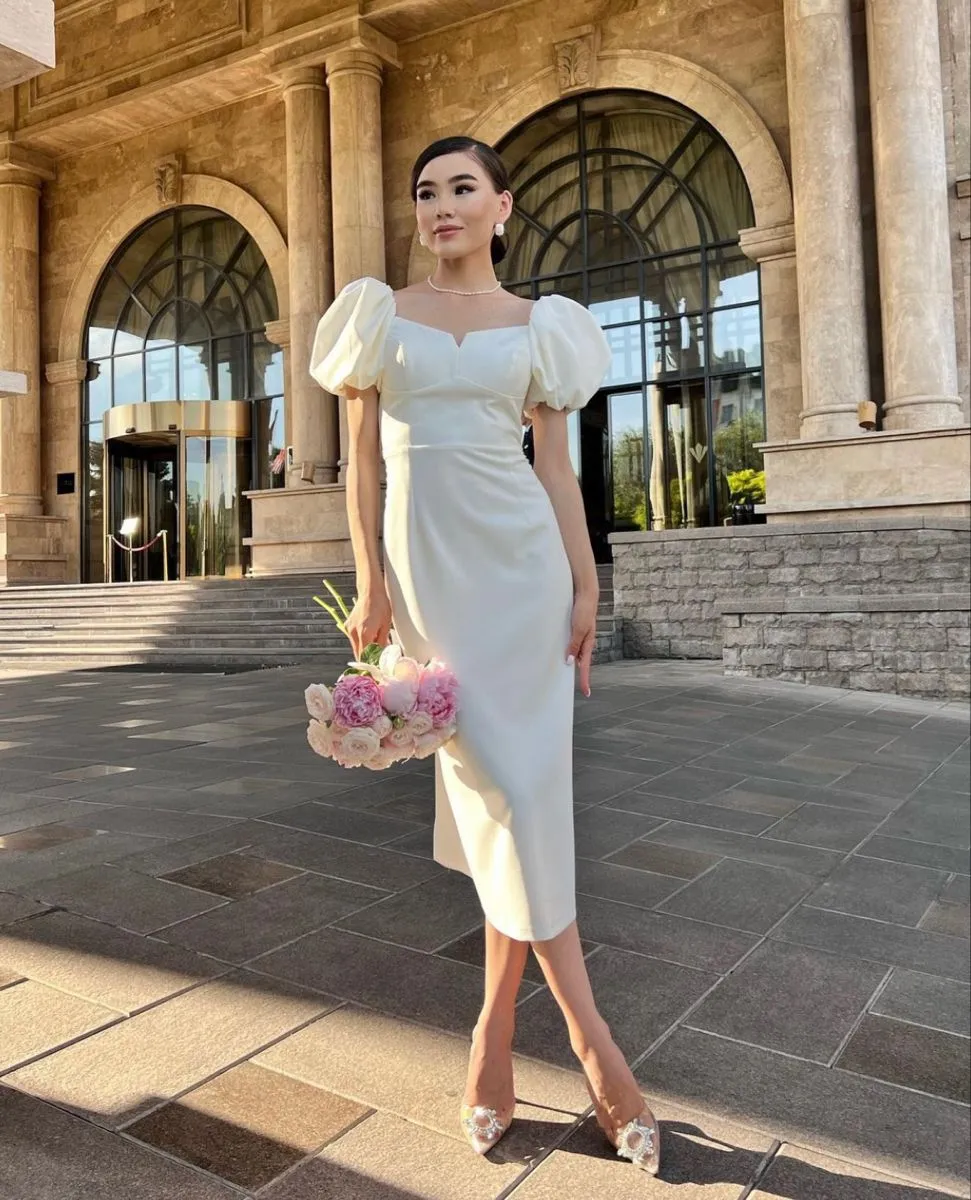 Diynav Style White Midi-length Wedding Dress,Engagement Dress HZ1017