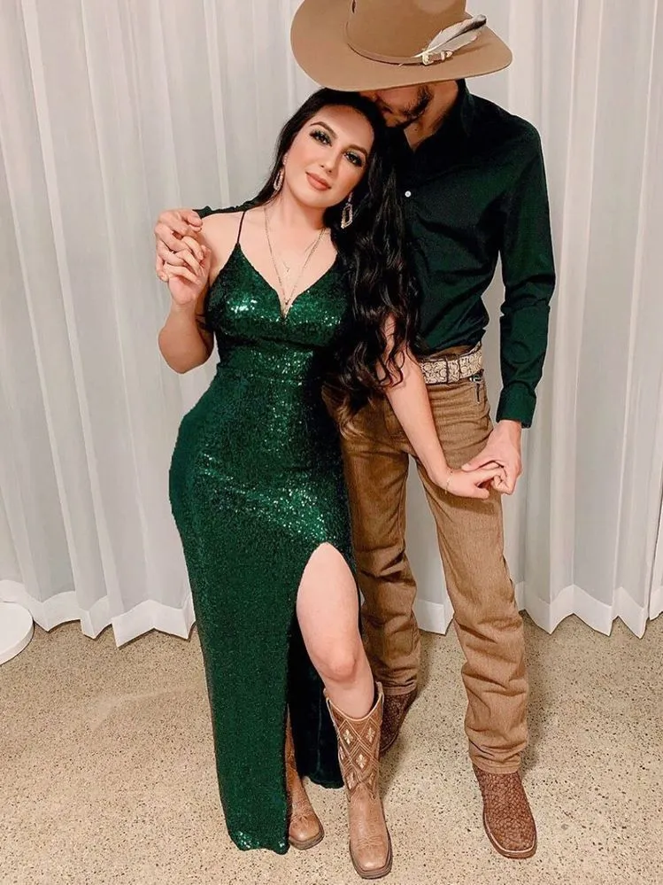 Diynav Emerald Green Sequins Evening Dress with Split HZ1017