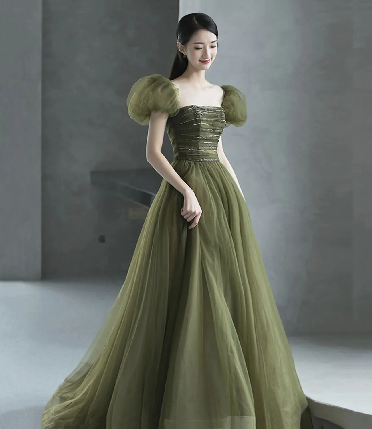 Diynav tulle long prom dress green evening dress HZ1017