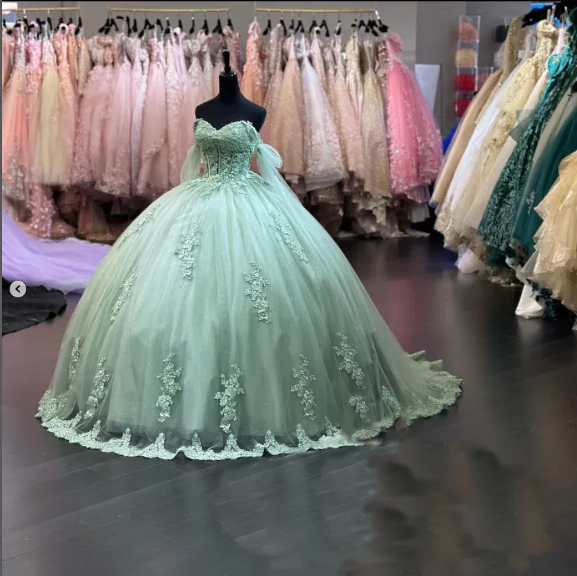 Diynav Green Quinceanera Dresses Lace Off-Shoulder Sweet 16 Birthday Party Dress,Sage Green Ball Gown HZ1017
