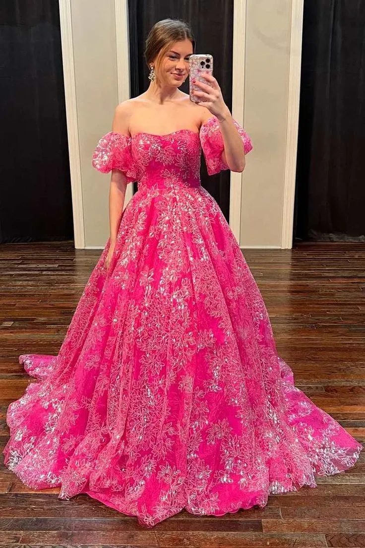 Diynav Pink Floral Lace Strapless Ball Gown with Puff Sleeves HZ1017