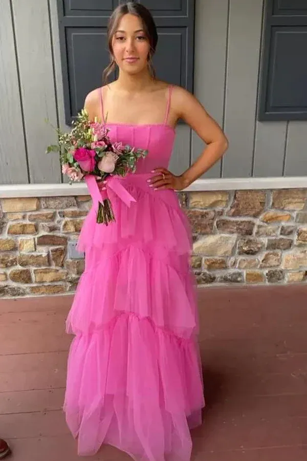 Diynav A-Line Hot Pink Tiered Tulle Long Prom Dress Evening Dress HZ1017