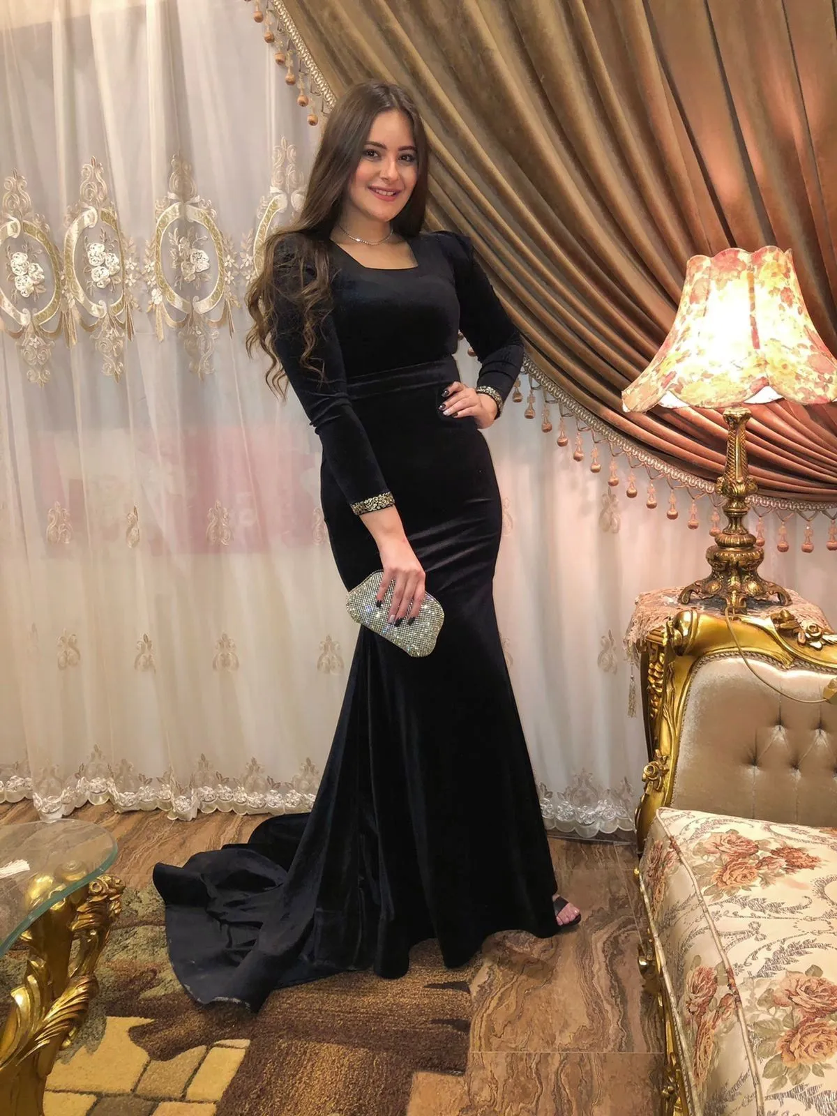 Diynav Black Long Sleeves Mermaid Evening Dress,Black Evening Gown HZ1017