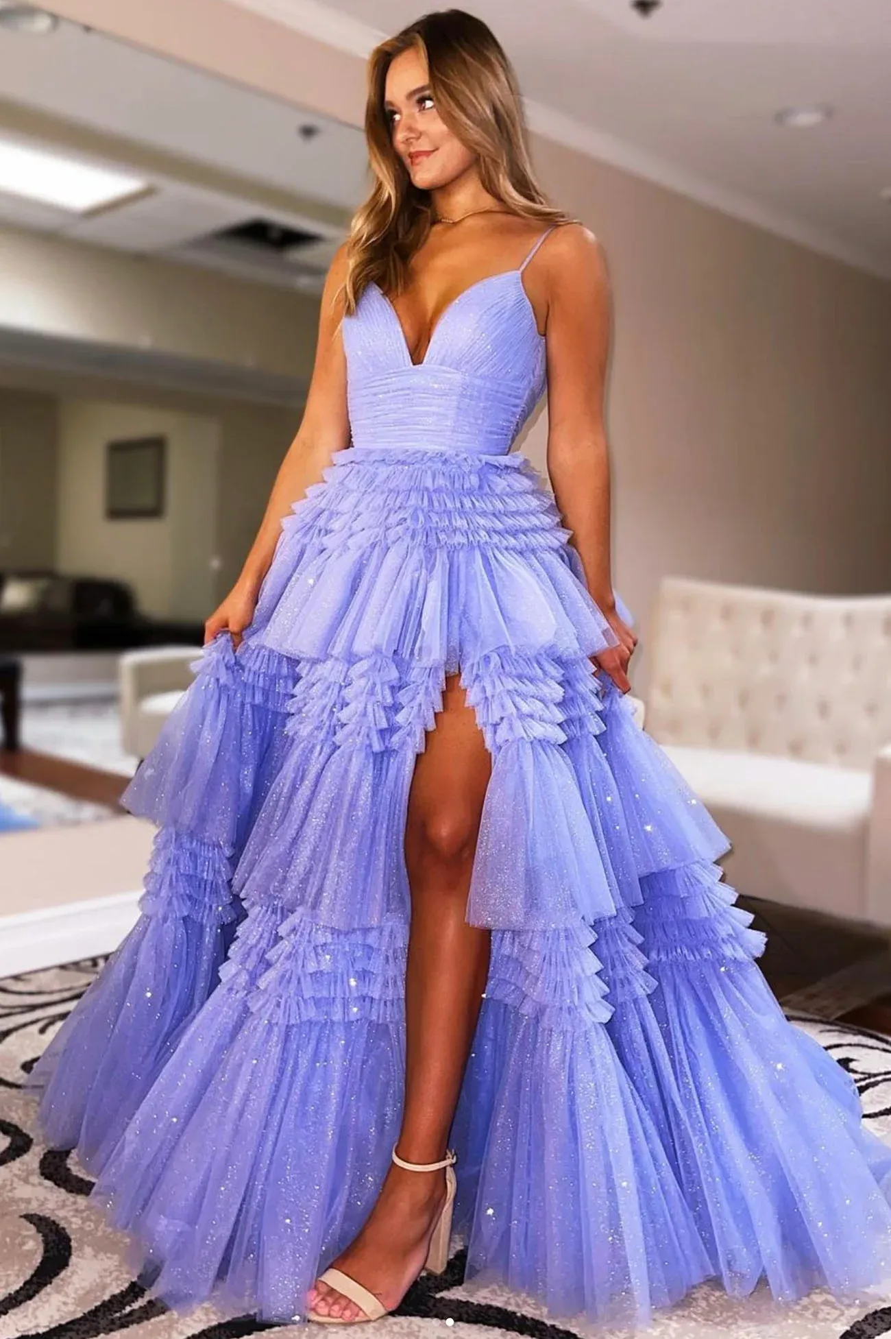 Diynav Tulle Long A-Line Prom Dress, V-Neck Evening Dress with Slit HZ1017