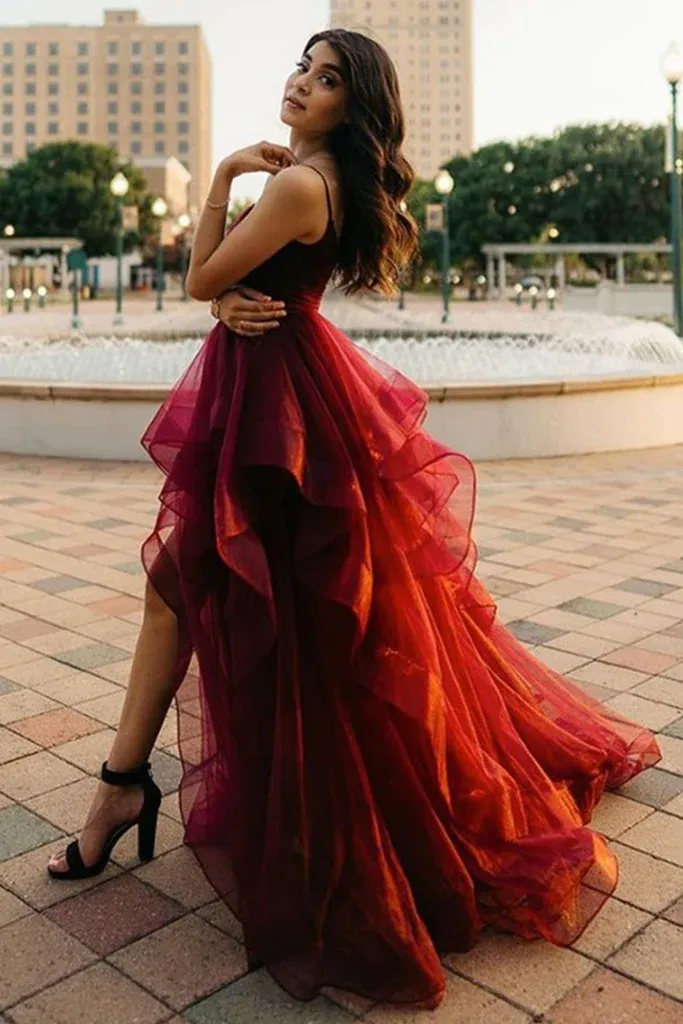 Diynav Low Burgundy Tulle Long Prom Dress, Wine Red High Low Formal Evening Dress HZ1017