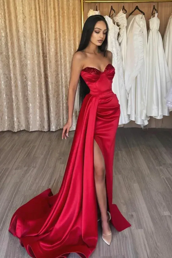 Diynav satin sequins long prom dress red evening dress HZ1017