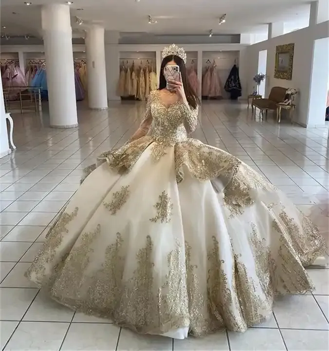 Diynav Ruffle Ball Gowns Quinceanera Dresses Sequin Beading Appliques Long Sleeve Formal Prom Princess Dress HZ1017