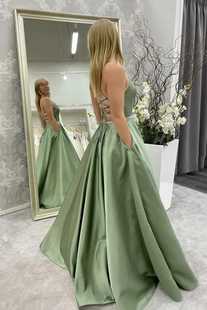 Diynav Line Backless Green Satin Long Prom Dress, Backless Green Formal Graduation Evening Dress HZ1017 - Image 2