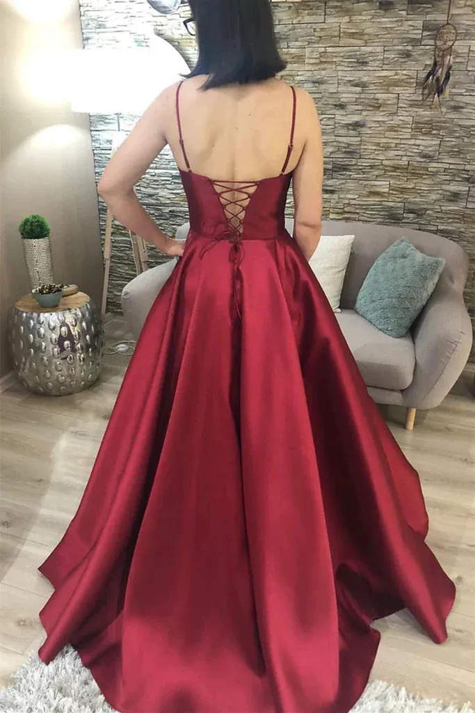 Diynav Neck Open Back Burgundy Satin Long Prom Dress, V Neck Burgundy Formal Graduation Evening Dress HZ1017 - Image 2