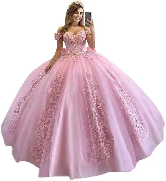 Diynav Shoulder Quinceanera Dresses for Teens Lace Floral Flower Ball Gown For Sweet 15 16 Puffy Long Princess Dress with Train HZ1017