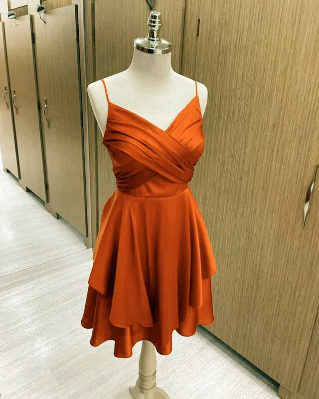 Diynav Burnt Orange Satin Cocktail Dresses V-neck Semi Formal Dress,Homecoming Dress HZ1017
