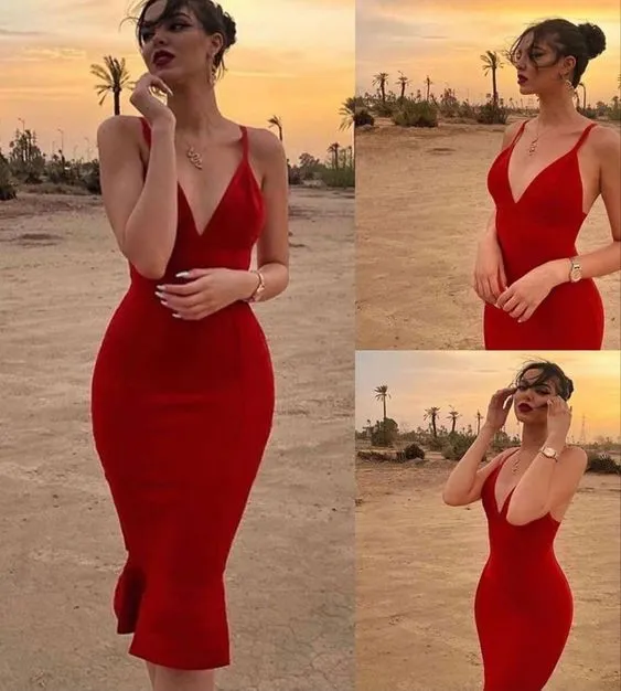 Diynav Red Prom Dress,Midi Sheath Evening Dresses HZ1017