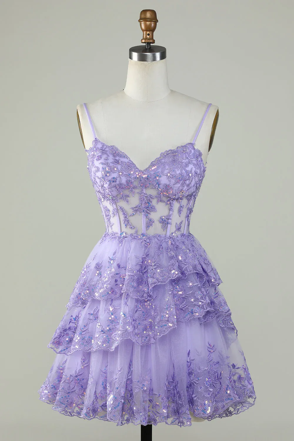Diynav Lavender Sequins Corset Layered Homecoming Dress HZ1017