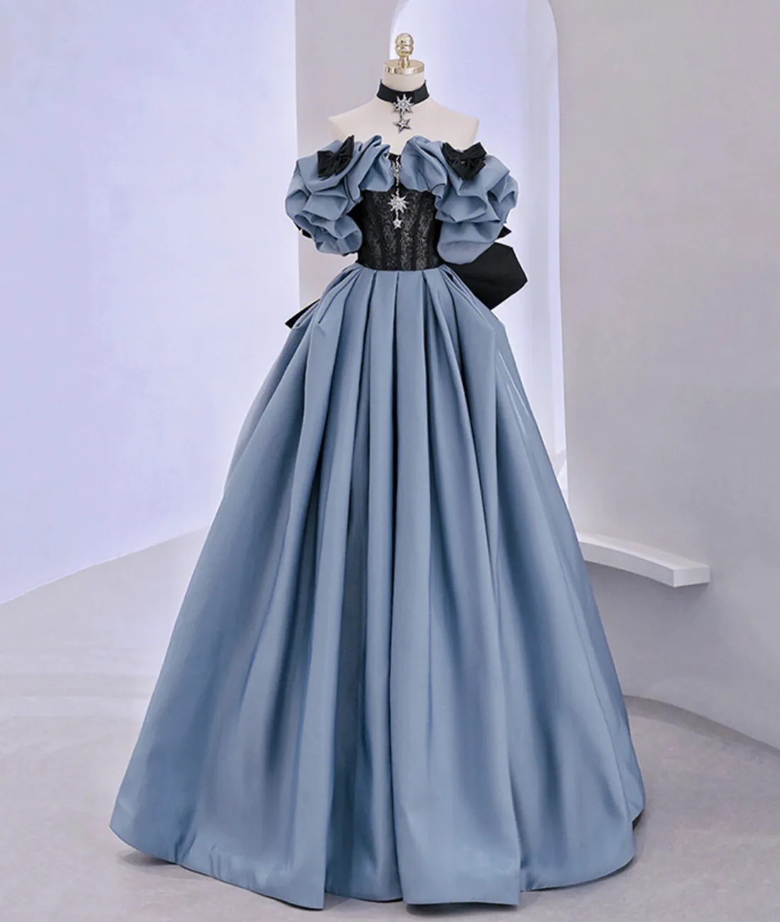 Diynav Shoulder Satin Lace Long Prom Dress, Blue Evening Dress HZ1017