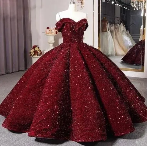 Diynav The Shoulder Sequins Burgundy Ball Gown Quinceanera Dress Sweet 16 Dress HZ1017