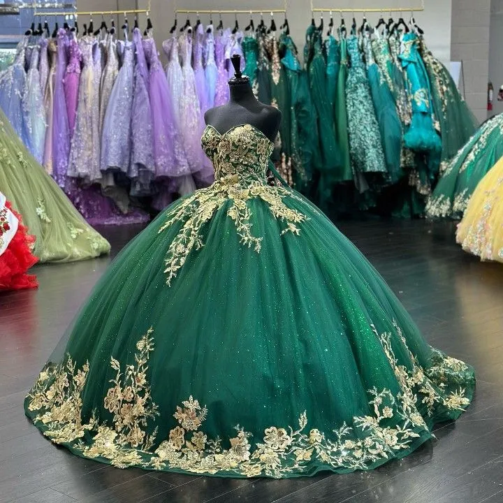 Diynav Sweetheart Green Tulle and Gold Appliques Ball Gown Sweet 16 Dress Princess Dress HZ1017