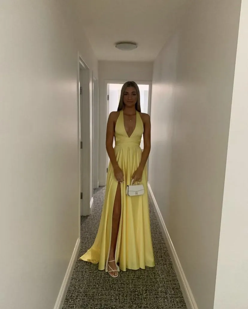 Diynav Yellow Satin Long Evening Dresses with Side Slit Formal Party Dress HZ1017