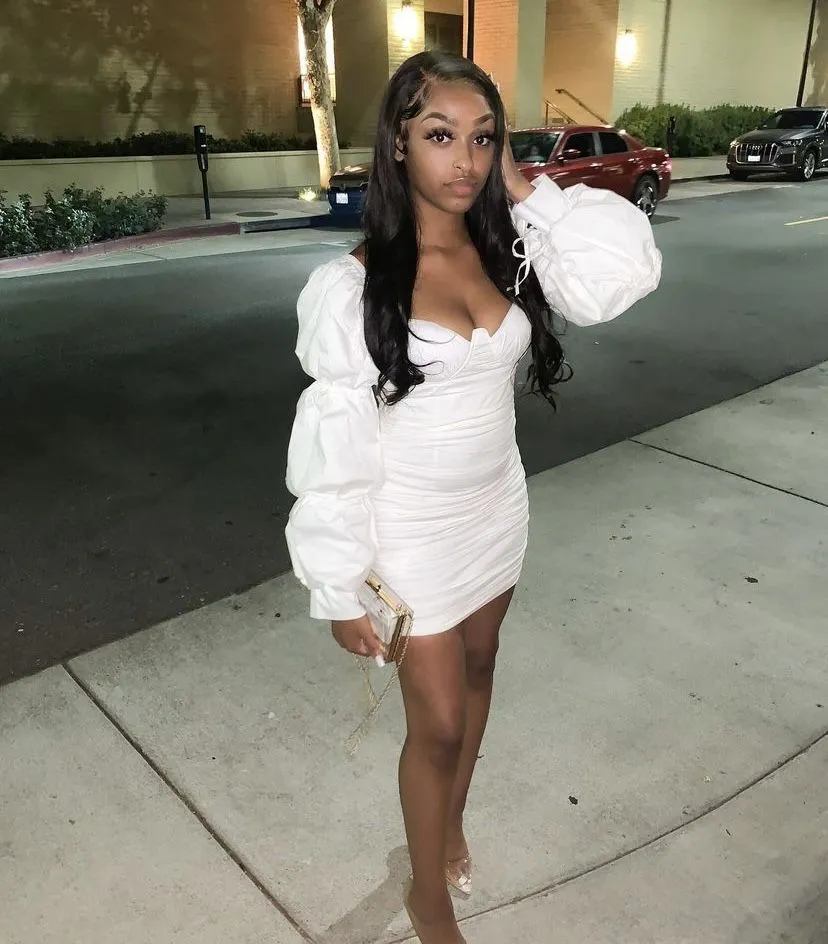 Diynav Women Sexy Wrap Dress White Long Puff Sleeve Ruched Bodycon Dress,White Homecoming Dress HZ1017