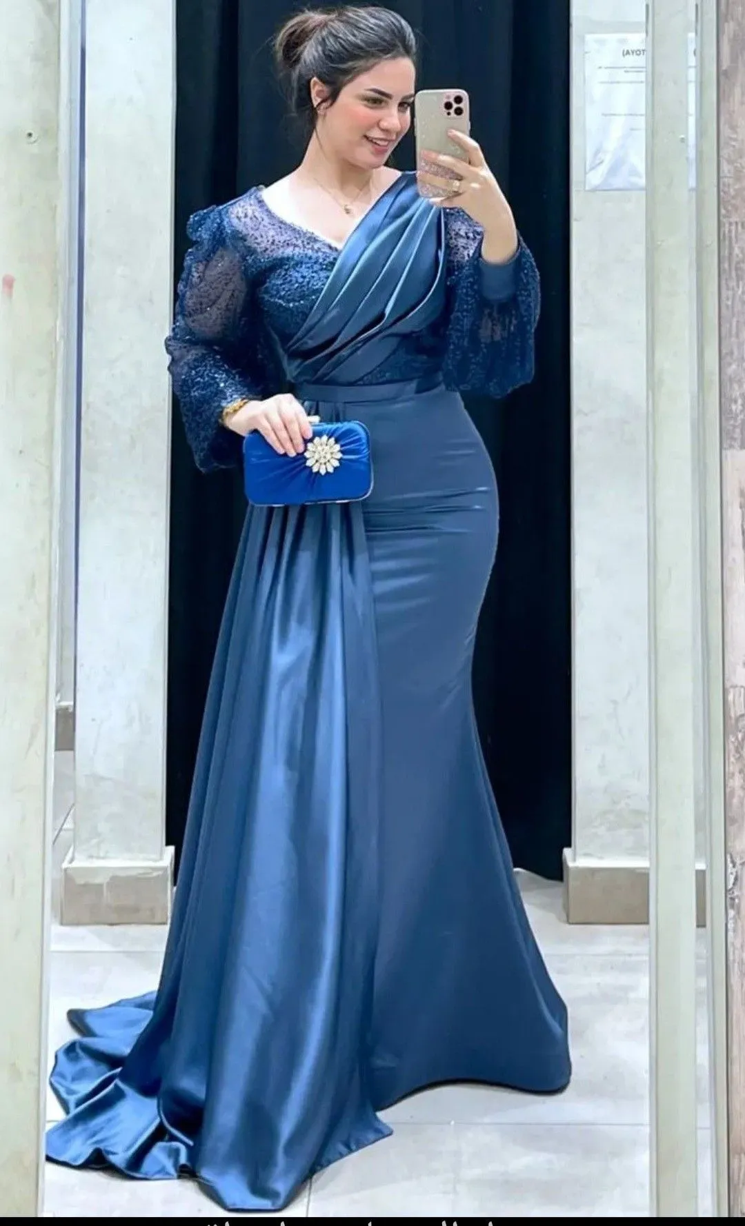 Diynav Mermaid Evening Dress for Women V Neck Long Sleeve Sweep Train Side Slit Pleated Wedding Party Formal Dress HZ1017