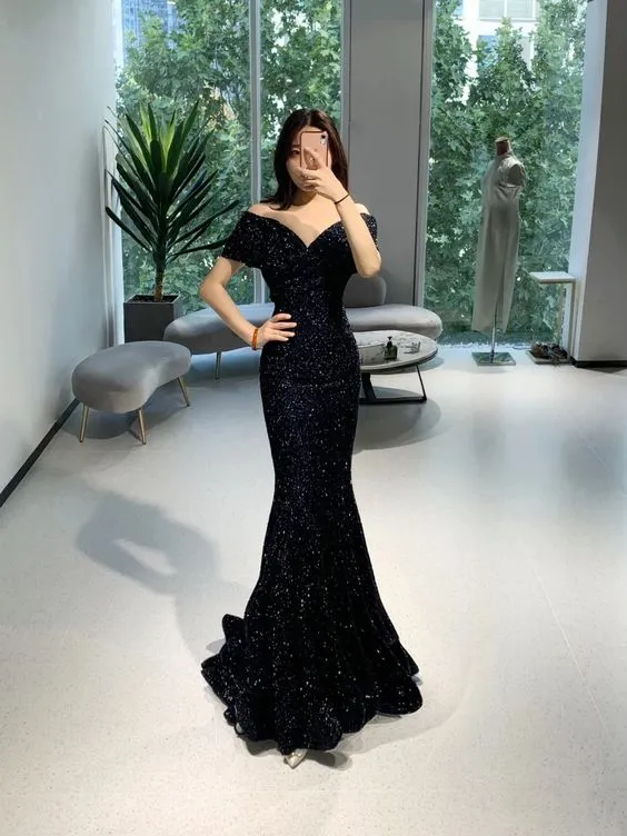 Diynav The Shoulder Black Mermaid Prom Dress,Black Evening Dress HZ1017