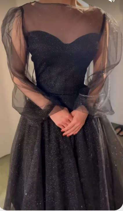 Diynav Shiny Prom Dress Tulle Sleeves Evening Dress HZ1017