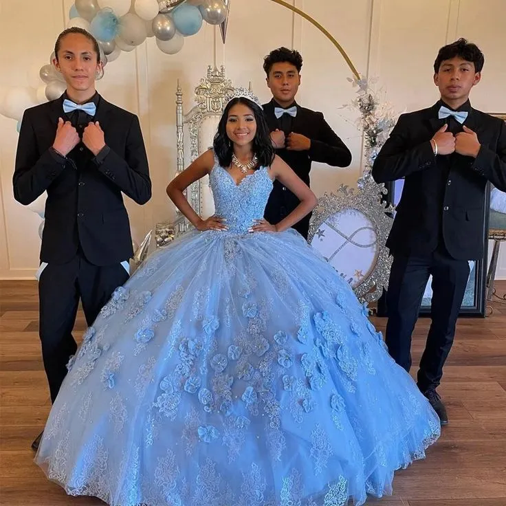 Diynav Sky Blue Quinceanera Off Shoulder Tulle 3D Floral Formal Birthday Luxury Dress 15th Ball Gown HZ1017