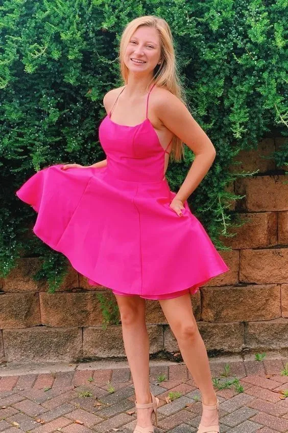 Diynav A Line Hot Pink Straps Short Homecoming Dresses With Pockets HZ1017