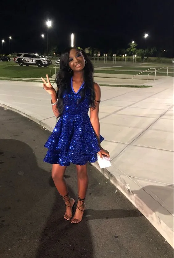 Diynav Blue Sequins A-line Graduation Dress Royal Blue Short Homecoming Dress Royal Blue Party Dress HZ1017
