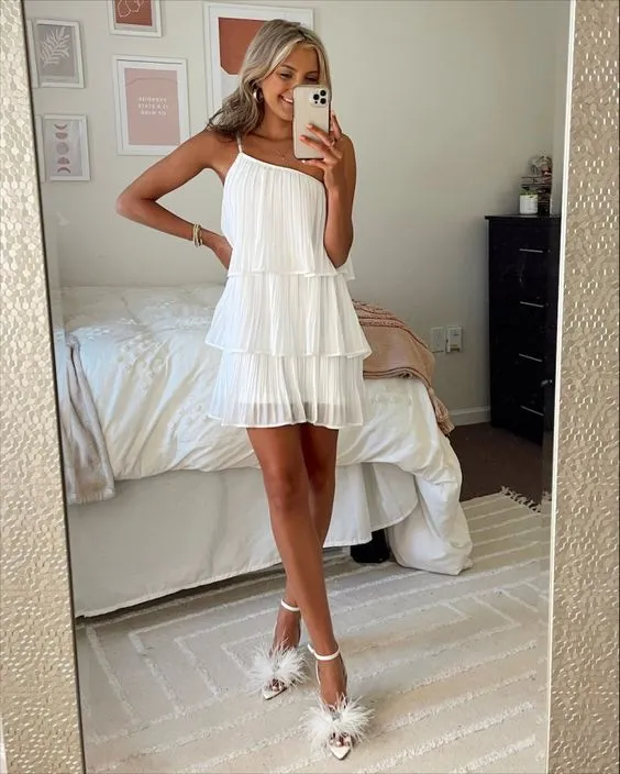 Diynav Pleated One-shoulder Graduation Dress White Short Homecoming Dress HZ1017