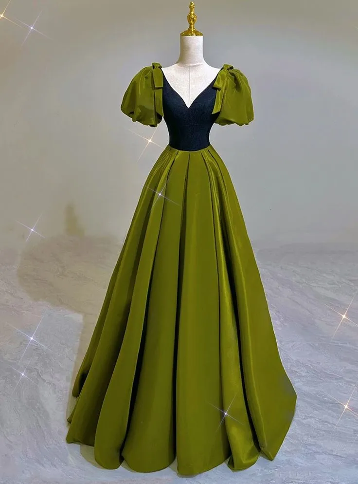 Diynav Green Satin V Neck Puff Sleeves Prom Dress Brithday Ball Gown Party Dress HZ1017