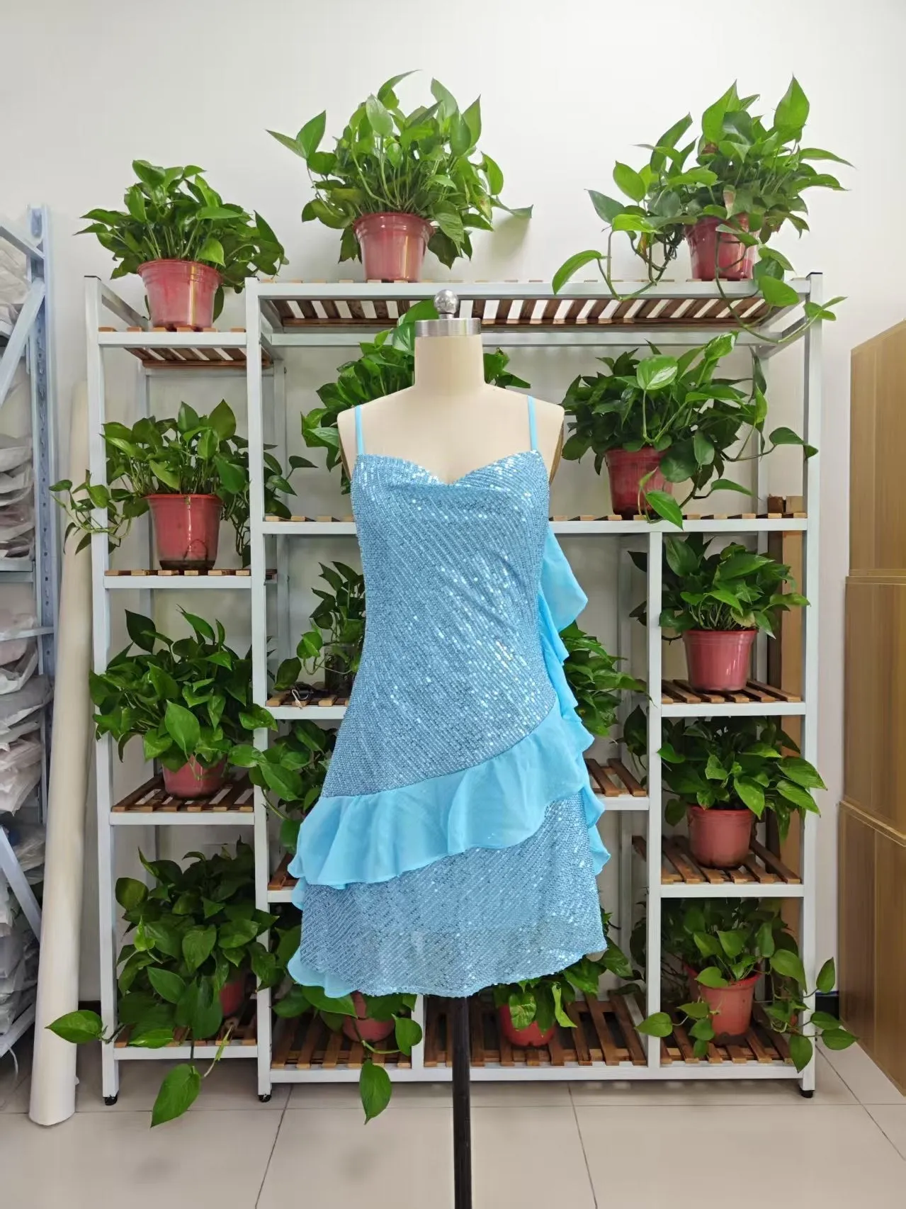 Diynav Blue Halter Sequins Chiffon Ruffles Cocktail Dress Homecoming Dress HZ1017