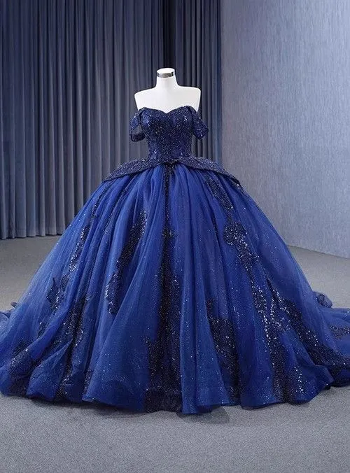 Diynav Off The Shoulder Sequins Beaded Tulle Ball Gown Navy Blue Birthday Prom Dress HZ1017