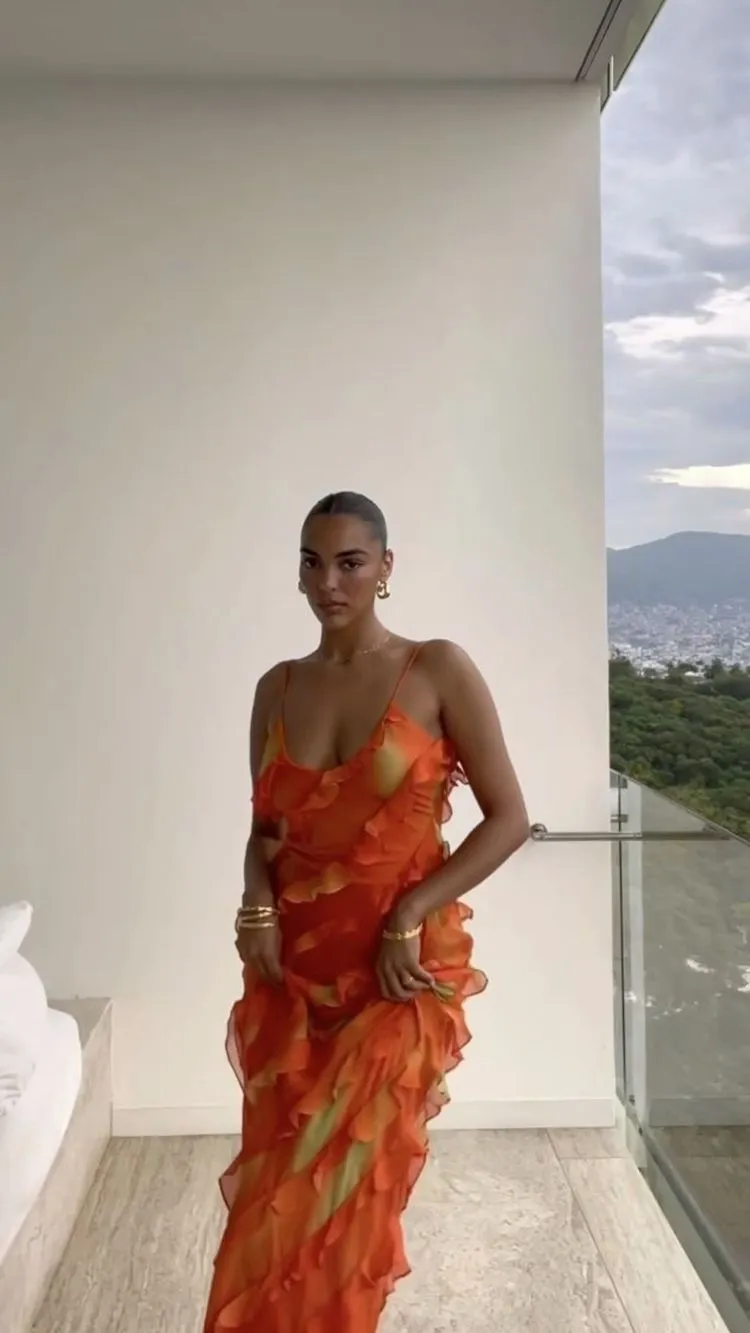 Diynav Women Sexy Ruffle Hem Long Prom Dress Irregular Bodycon Evening Dress HZ1017