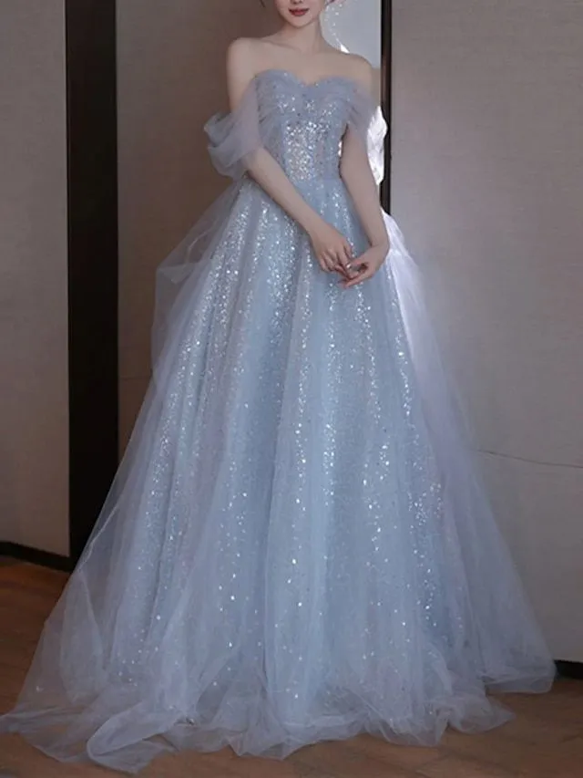 Diynav Evening Dress Elegant Off Shoulder Tulle Sequins Prom Dress Wedding Dress HZ1017