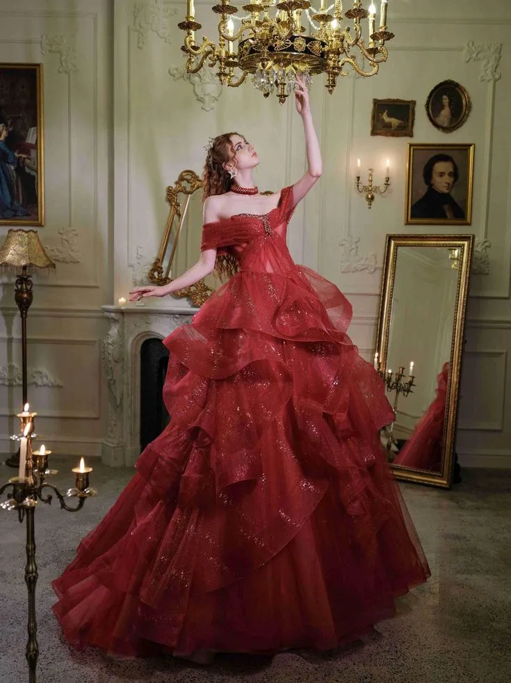 Diynav Off-Shoulder A-Line Red Evening Dress, Sparkling Dress Ball Gown Wedding Dress HZ1017 - Image 3