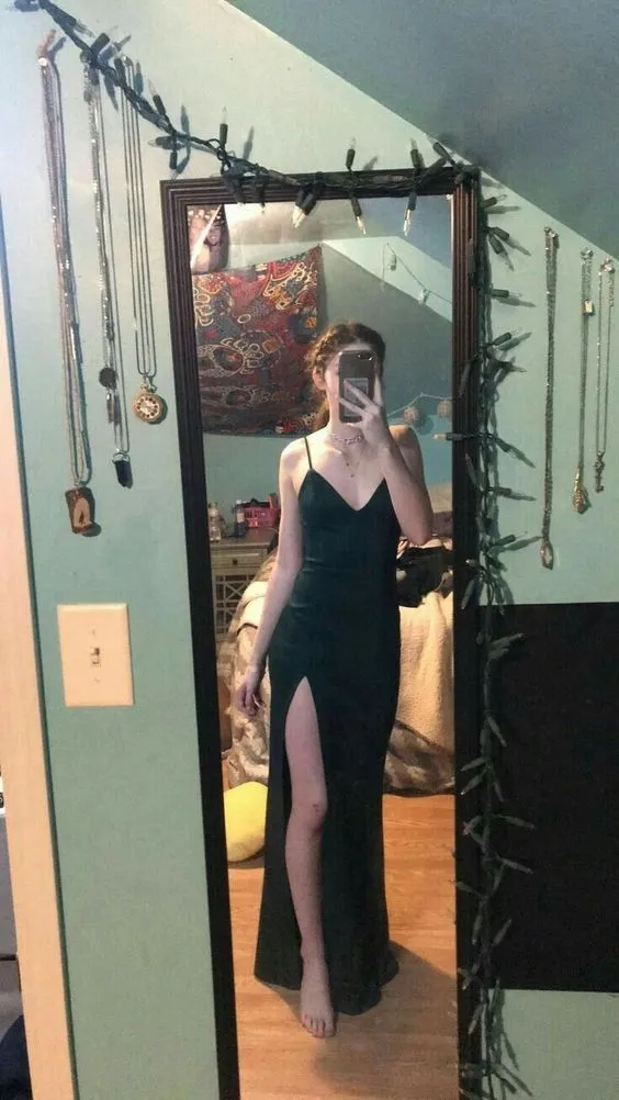 Diynav Straps V Neck Prom Dress Side Split ,Classic Sheath/Column Evening Gown HZ1017