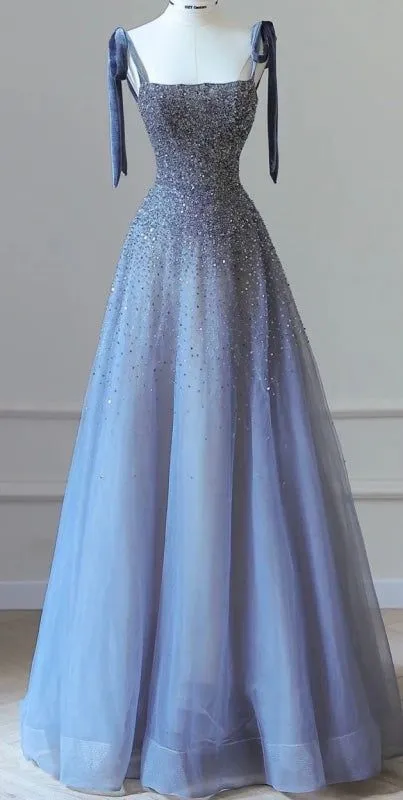 Diynav Spaghetti-Strap Tulle Beaded A-Line Prom Dress Blue Sparkly Evening Dress Ball Gown HZ1017