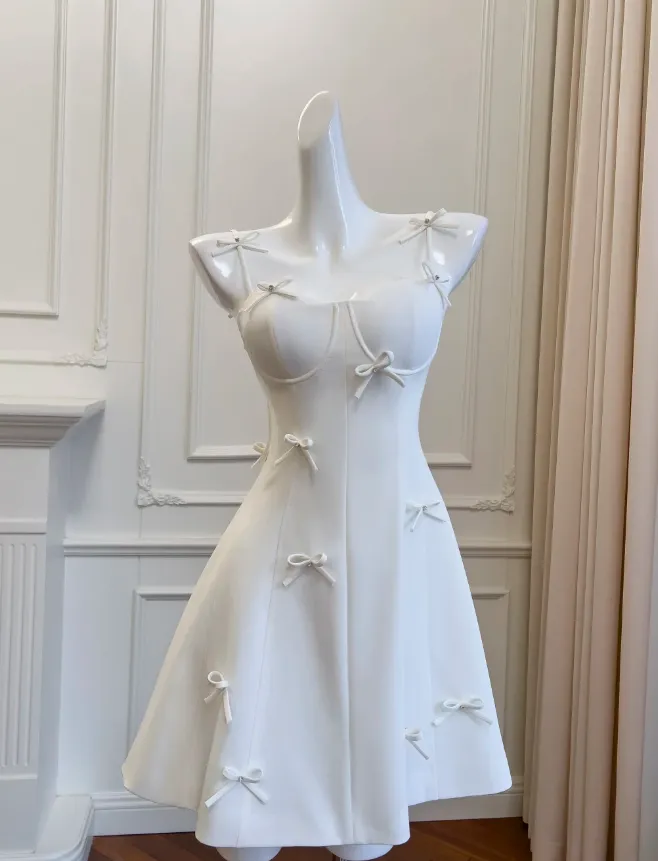 Diynav White A Line Satin Homecoming Dress Mini Party Dress With Bow HZ1017