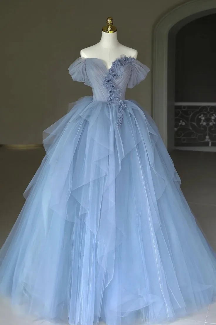 Diynav Tulle Appliques Prom Dress Blue Ball Gown Birthday Dress HZ1017