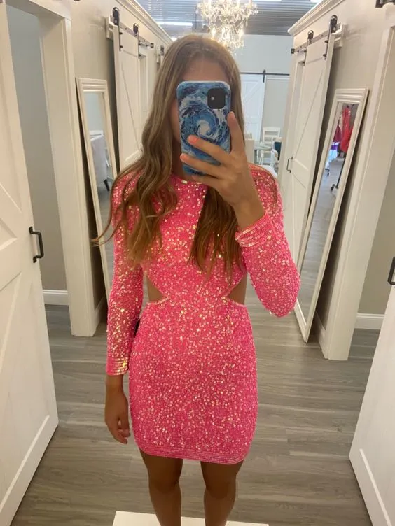 Diynav Pink Sequins Short Homecoming Dress Cute Party Dress HZ1017