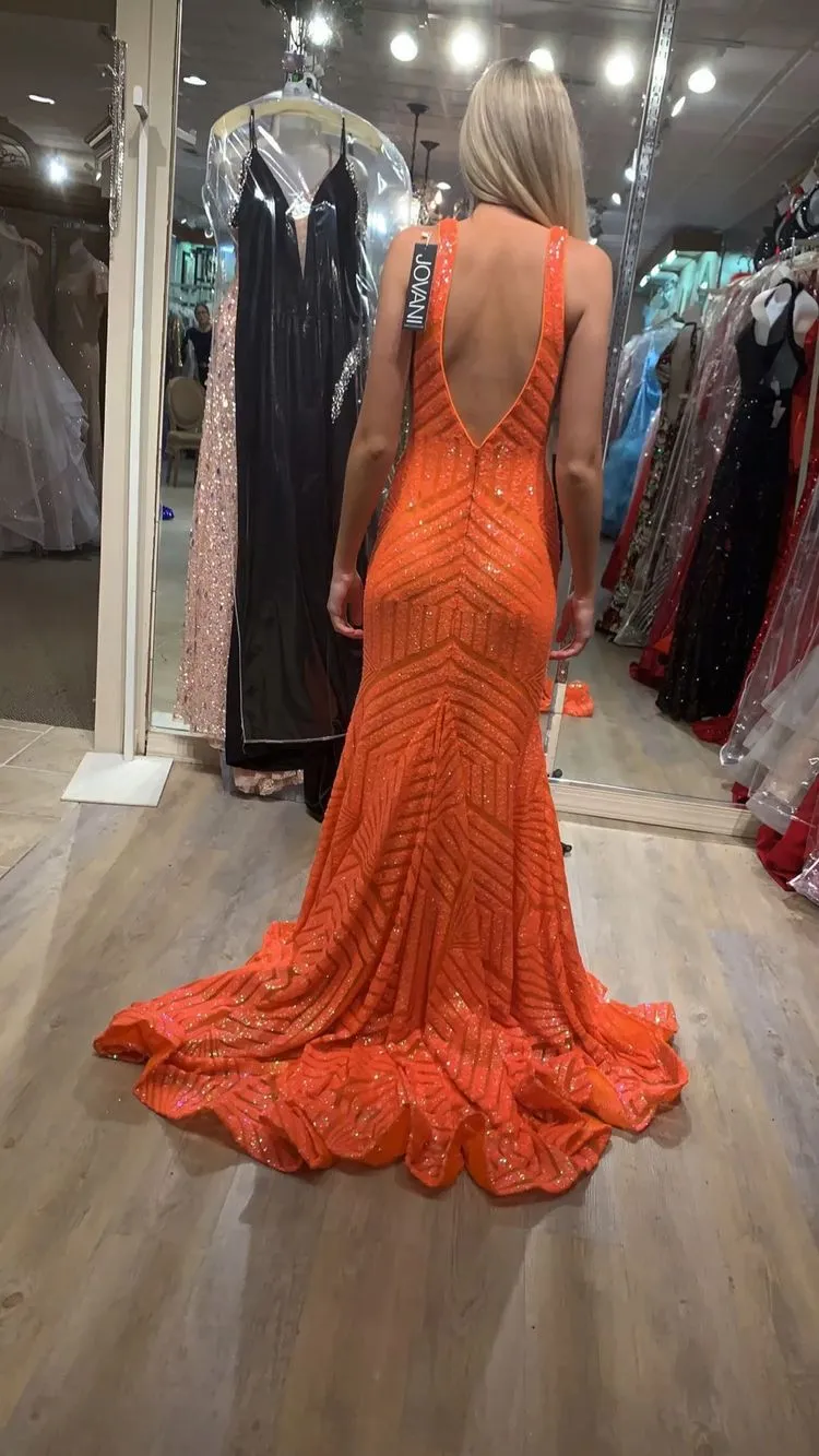 Diynav Sparkly Mermaid V Neck Sequins Long Prom Dresses, Orange Evening Dresses HZ1017